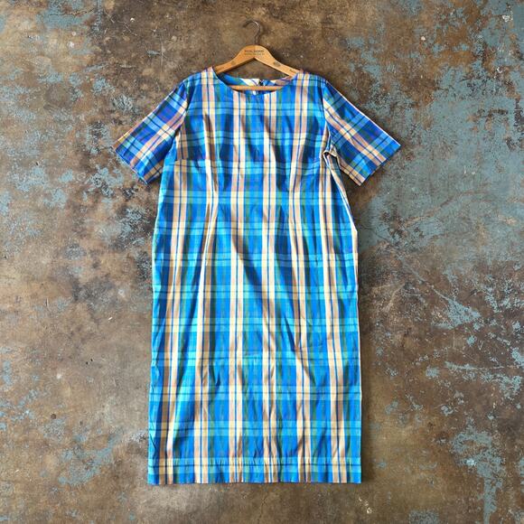 Vintage 60s Style Plaid Midi Dress and Jacket Set Plus Size 1X Blue Gold Satin - Picture 6 of 14